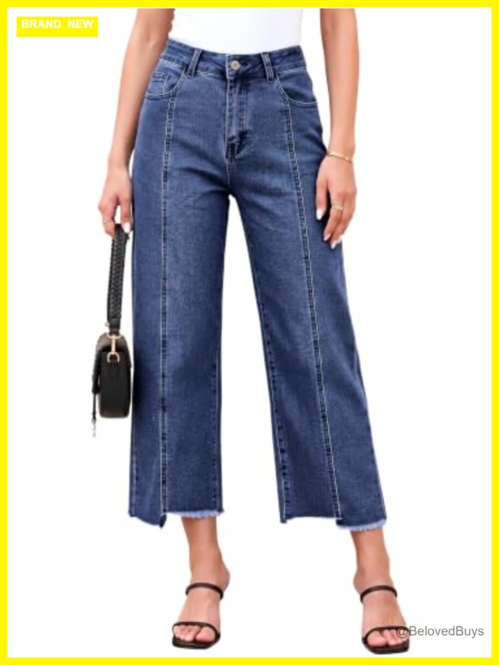 Cropped Wide Leg Straight Denim Jeans Raw Hem Stretch Cotton